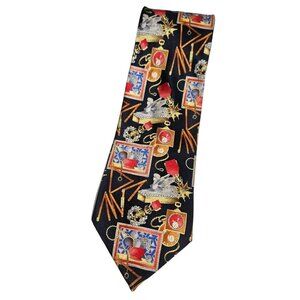 LEONARD Men's 100% Silk Necktie LUXURY Tie Navy Royal Monogram W:3.7" EUC